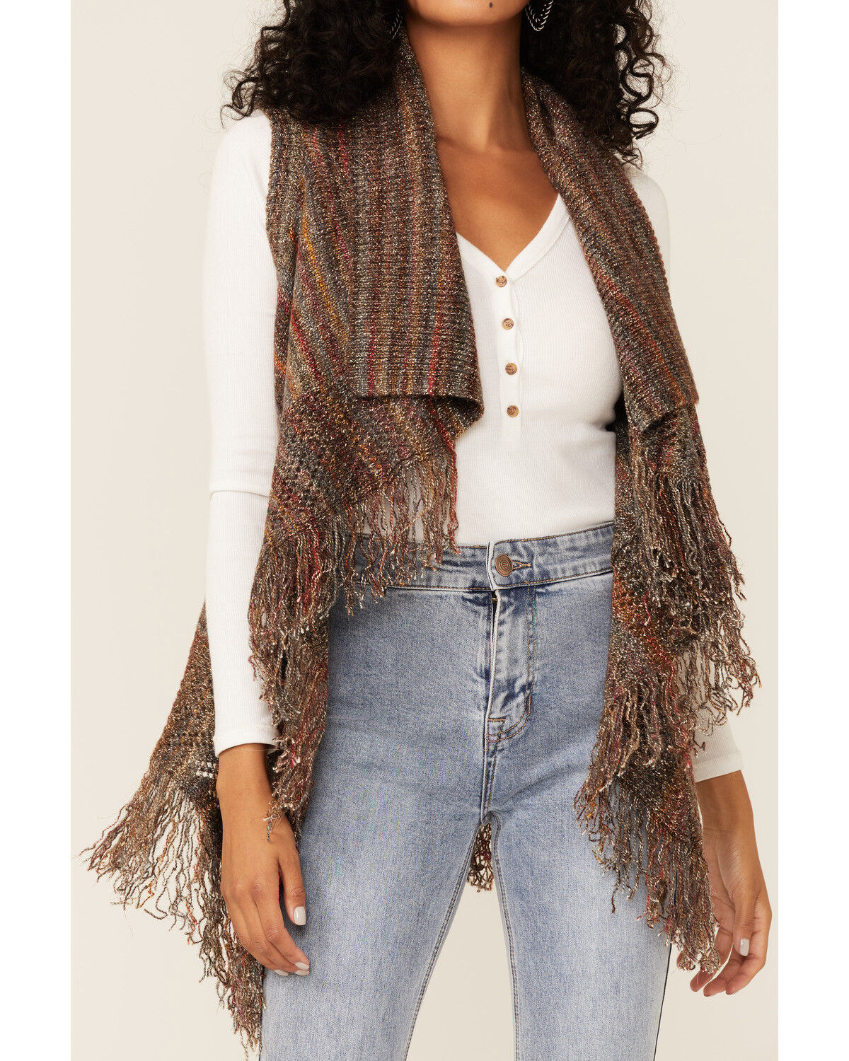 Image #2 - Shyanne Women's Charcoal Marled Sleeveless Sweater Fringe Vest, Charcoal, hi-res