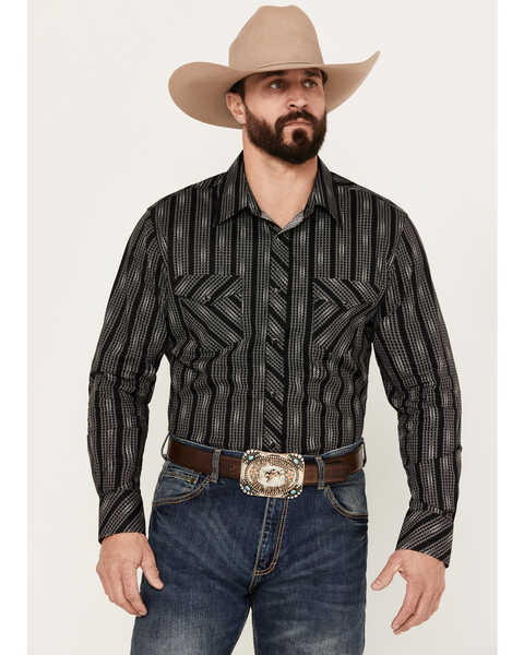Rock & Roll Denim Men's Geo Print Striped Long Sleeve Western Snap Shirt, Black, hi-res