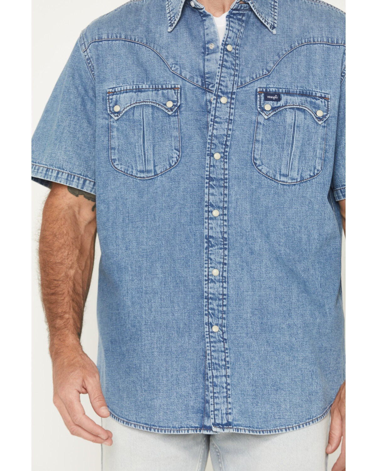 Image #3 - Wrangler Men's Brushpopper Vintage Denim Short Sleeve Snap Western Shirt, Medium Wash, hi-res