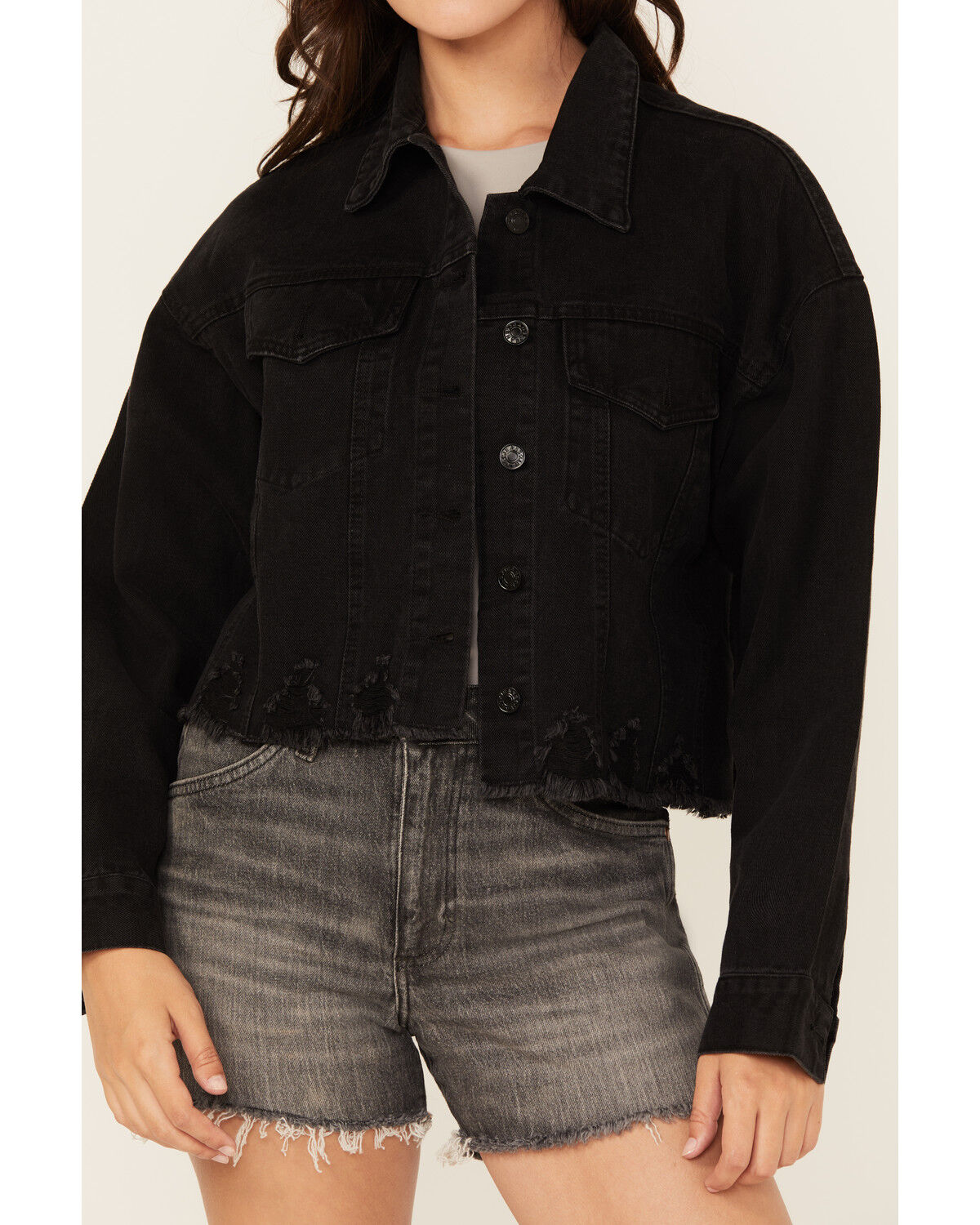 Image #3 - Blue B Women's Back Chain Fringe Cropped Denim Jacket, Black, hi-res