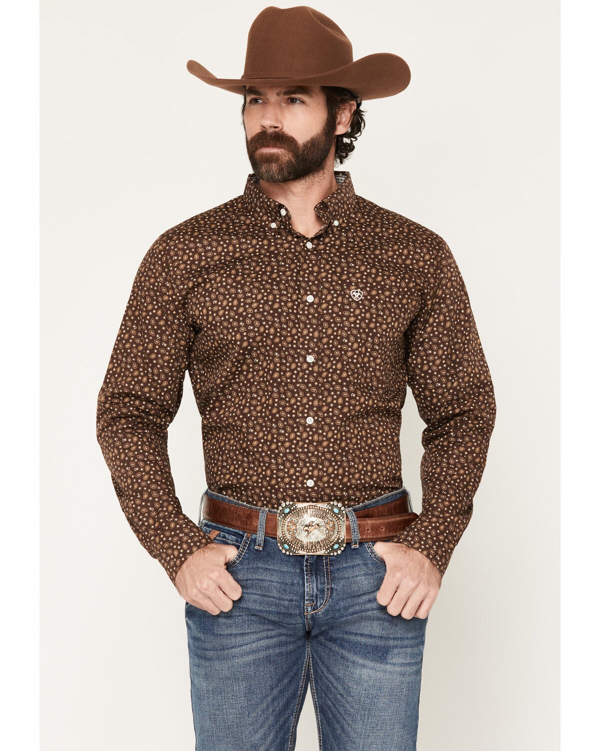 Ariat Men's Raven Wrinkle Free Paisley Print Long Sleeve Button-Down Western Shirt, Brown, hi-res