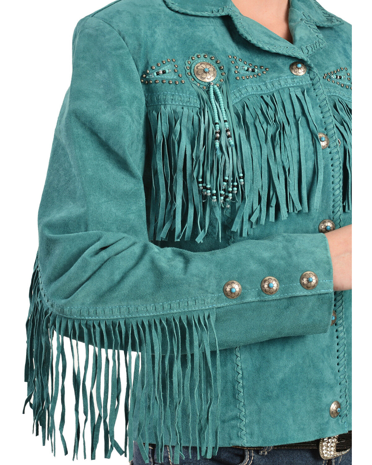 Image #6 - Scully Fringe & Beaded Boar Suede Leather Jacket, Turquoise, hi-res