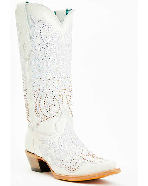 Corral Women's Crystal Embroidered Western Boots - Snip Toe , White, hi-res