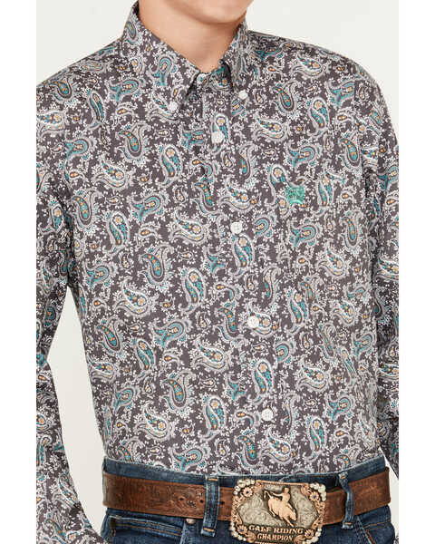 Image #3 - Cinch Boys' Paisley Print Long Sleeve Button-Down Western Shirt, Grey, hi-res