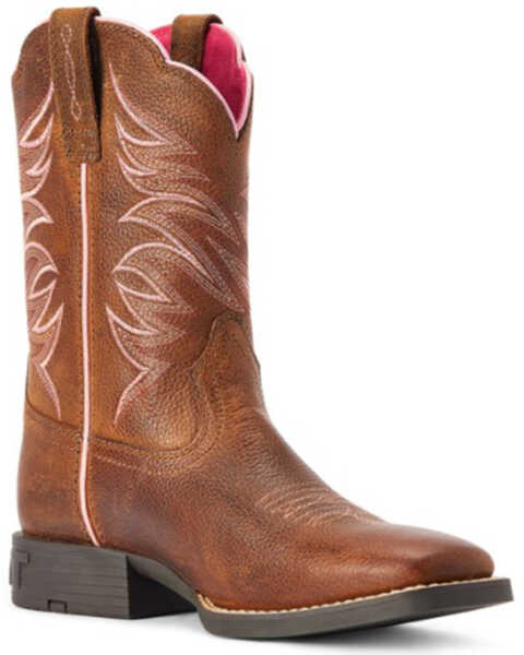 Image #1 - Ariat Girls' Firecatcher Rowdy Western Boots - Broad Square Toe , Brown, hi-res