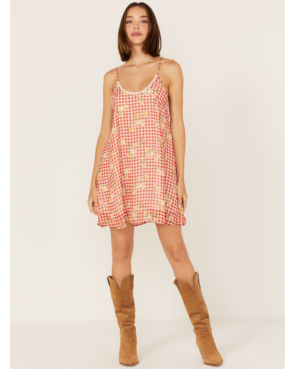 Image #2 - Wild Moss Women's Gingham Floral Print Slip Mini Dress, Red, hi-res