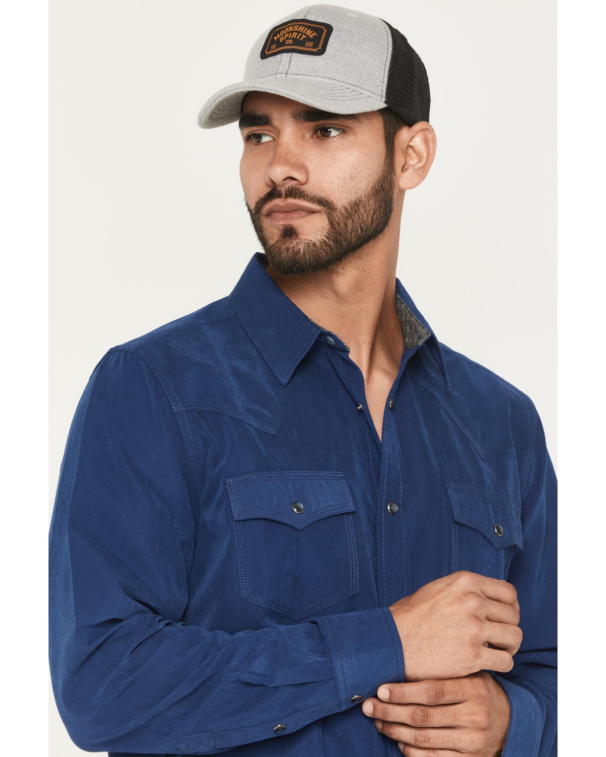 Image #2 - Moonshine Spirit&reg; Men's Side Stage Solid Faux Suede Long Sleeve Pearl Snap Western Shirt, Blue, hi-res