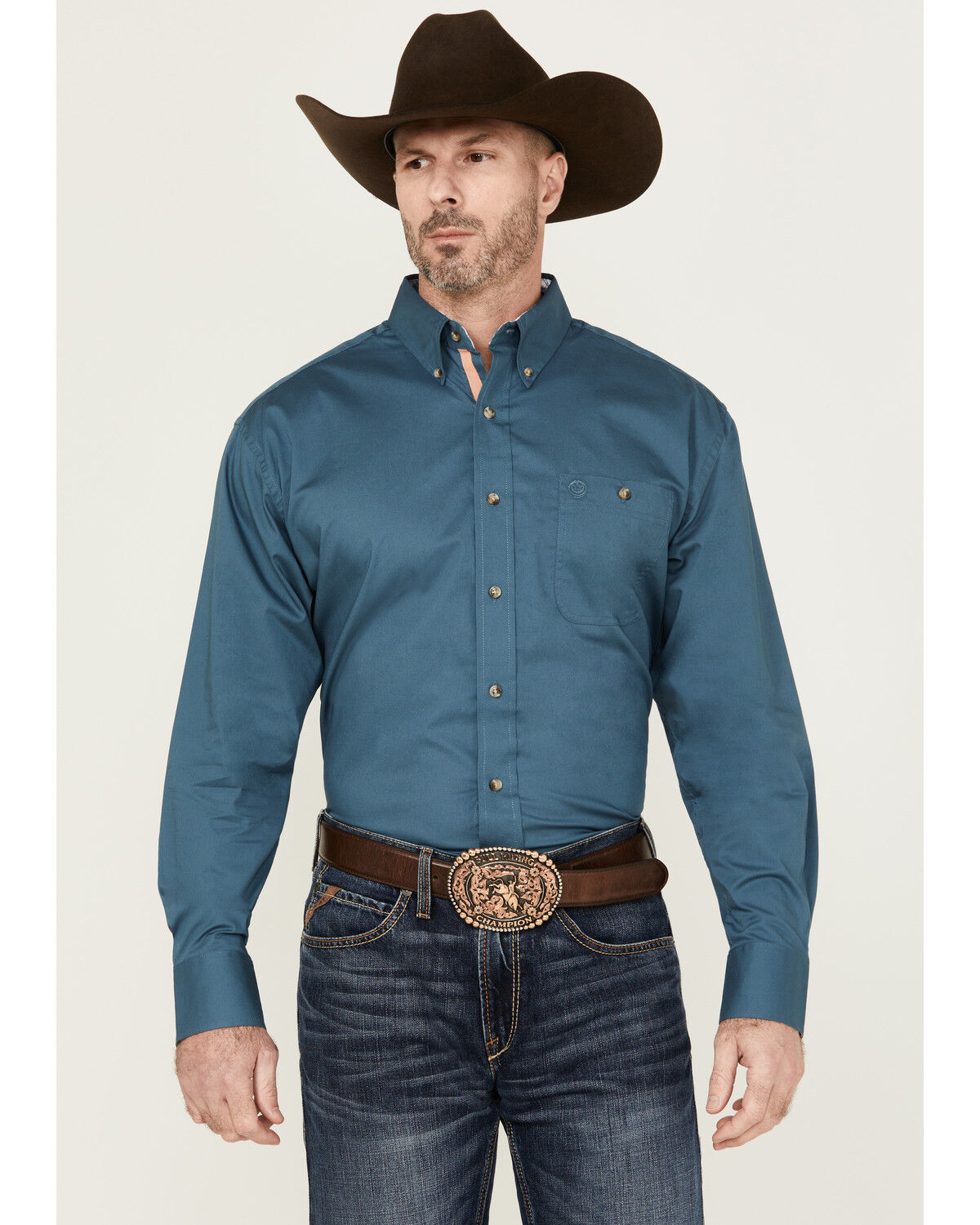 Image #1 - George Strait by Wrangler Men's Solid Long Sleeve Button-Down Stretch Western Shirt, Teal, hi-res