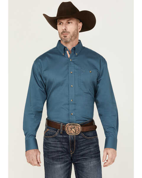 George Strait by Wrangler Men's Solid Long Sleeve Button-Down Stretch Western Shirt , Teal, hi-res