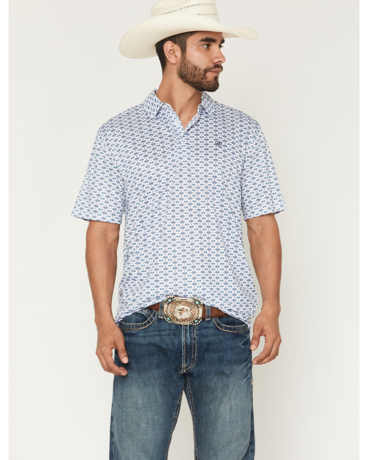 Ariat Men's Southwestern Print Short Sleeve Button-Down Polo, White, hi-res