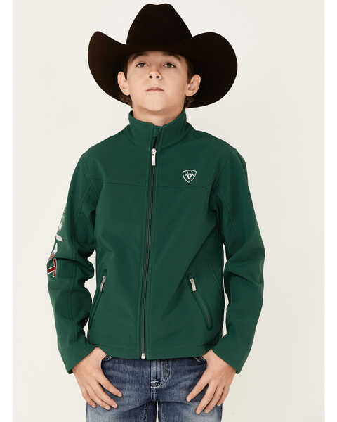 Image #1 - Ariat Boys' Team Mexico Patch Flag Zip-Front Softshell Jacket , Green, hi-res