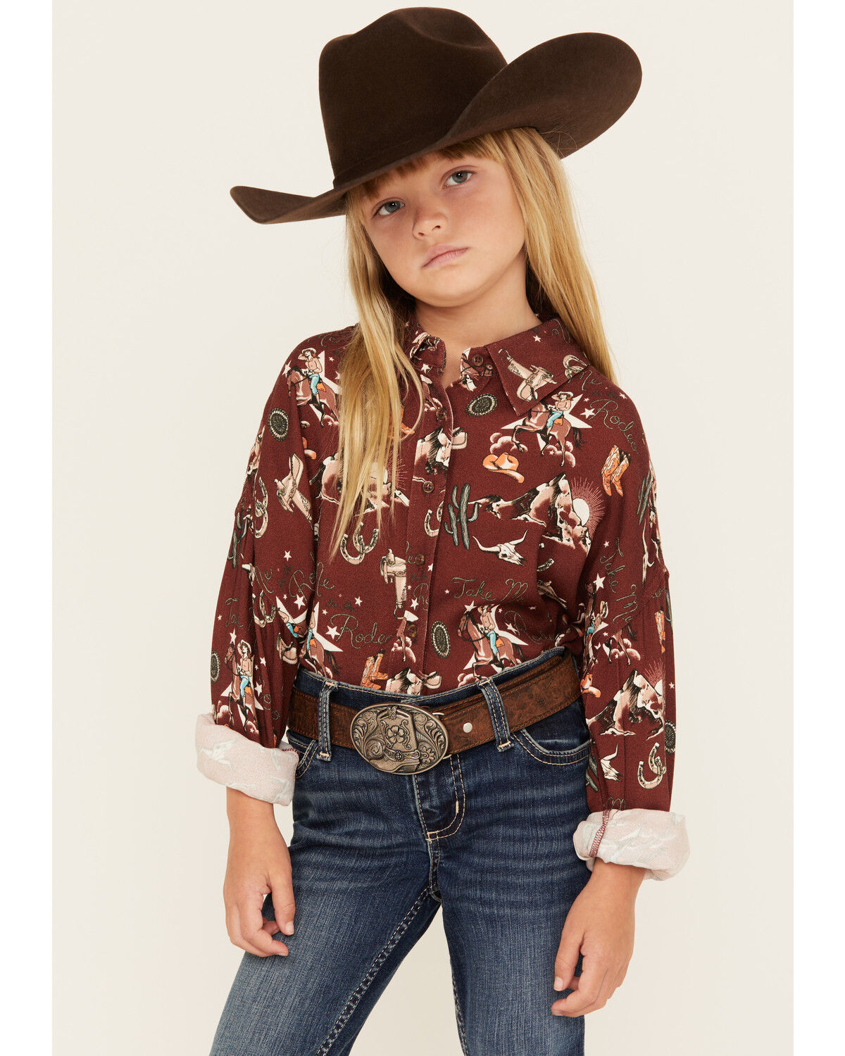 Image #1 - Rock & Roll Denim Girls' Conversational Print Long Sleeve Button-Down Western Shirt, Rust Copper, hi-res