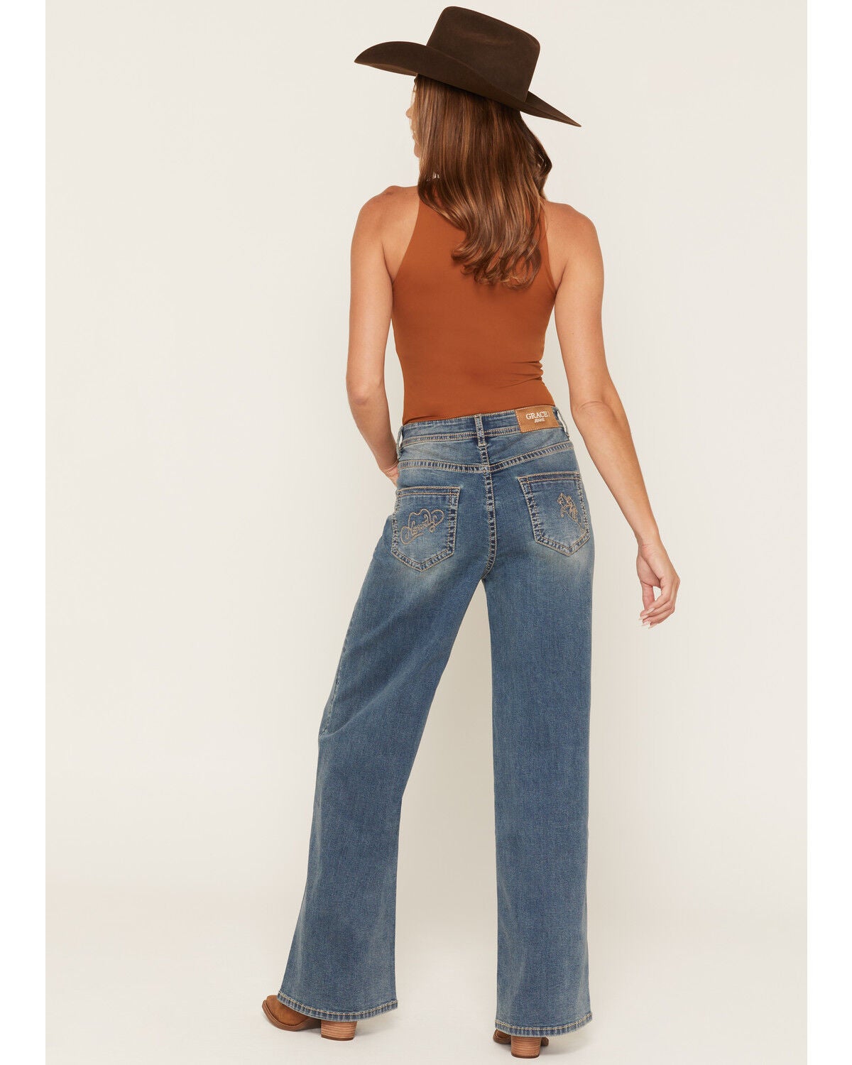Grace in LA Women's  Medium Wash High Rise Horse Pocket 32" Trouser Stretch Denim Jeans, Medium Wash, hi-res