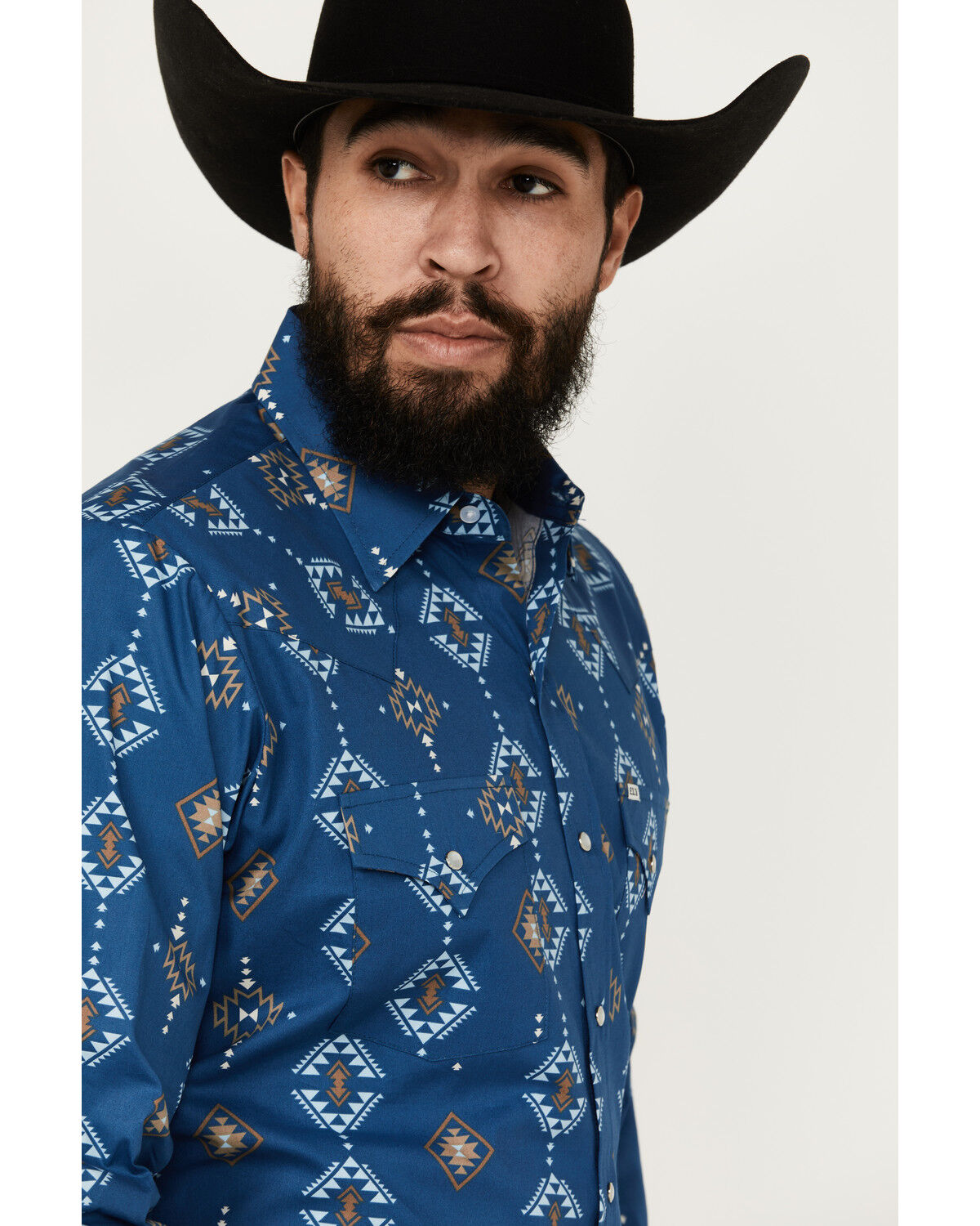 Image #2 - Ely Walker Men's Southwestern Print Long sleeve Pearl Snap Western Shirt, Indigo, hi-res