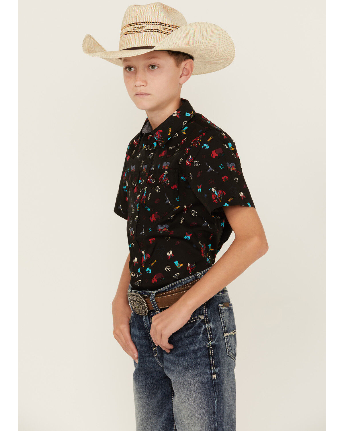 Image #2 - Cody James Boys' Sheriff Conversation Print Short Sleeve Snap Western Shirt, Black, hi-res