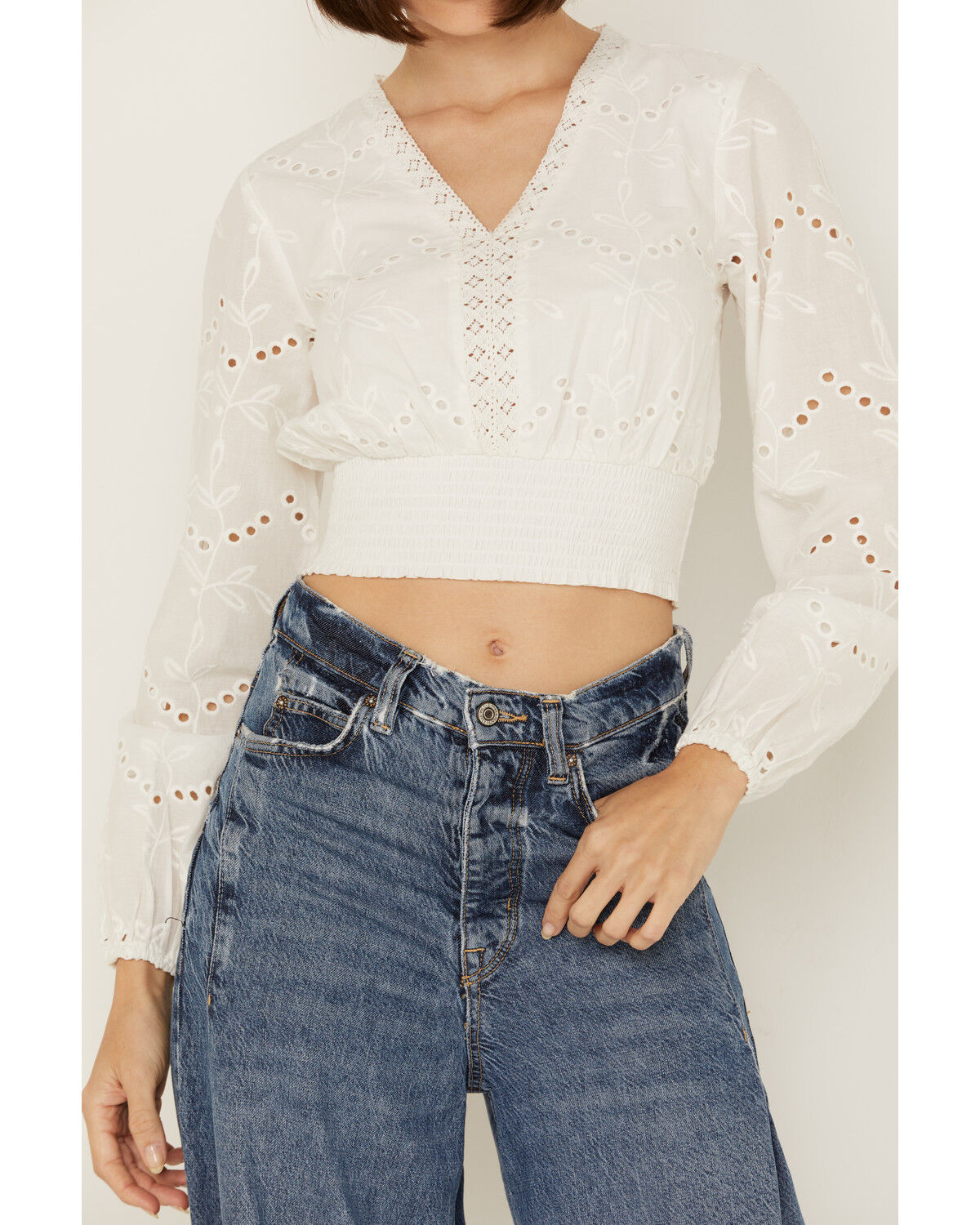 Image #3 - Shyanne Women's Smocked Waist Long Sleeve Crop Top, White, hi-res