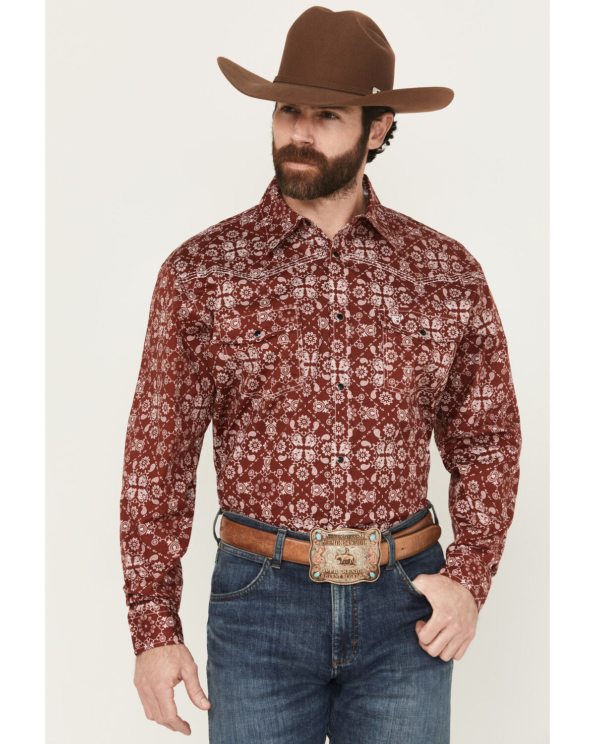 Image #1 - Cowboy Hardware Men's Bandana Long Sleeve Snap Stretch Western Shirt, Red, hi-res