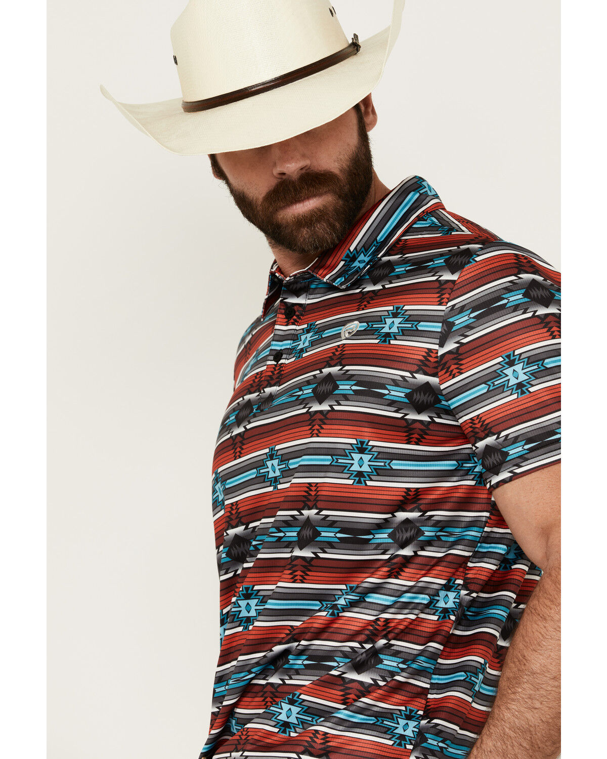 Image #2 - Rock & Roll Denim Men's Southwestern Striped Short Sleeve Stretch Polo Shirt, Red, hi-res