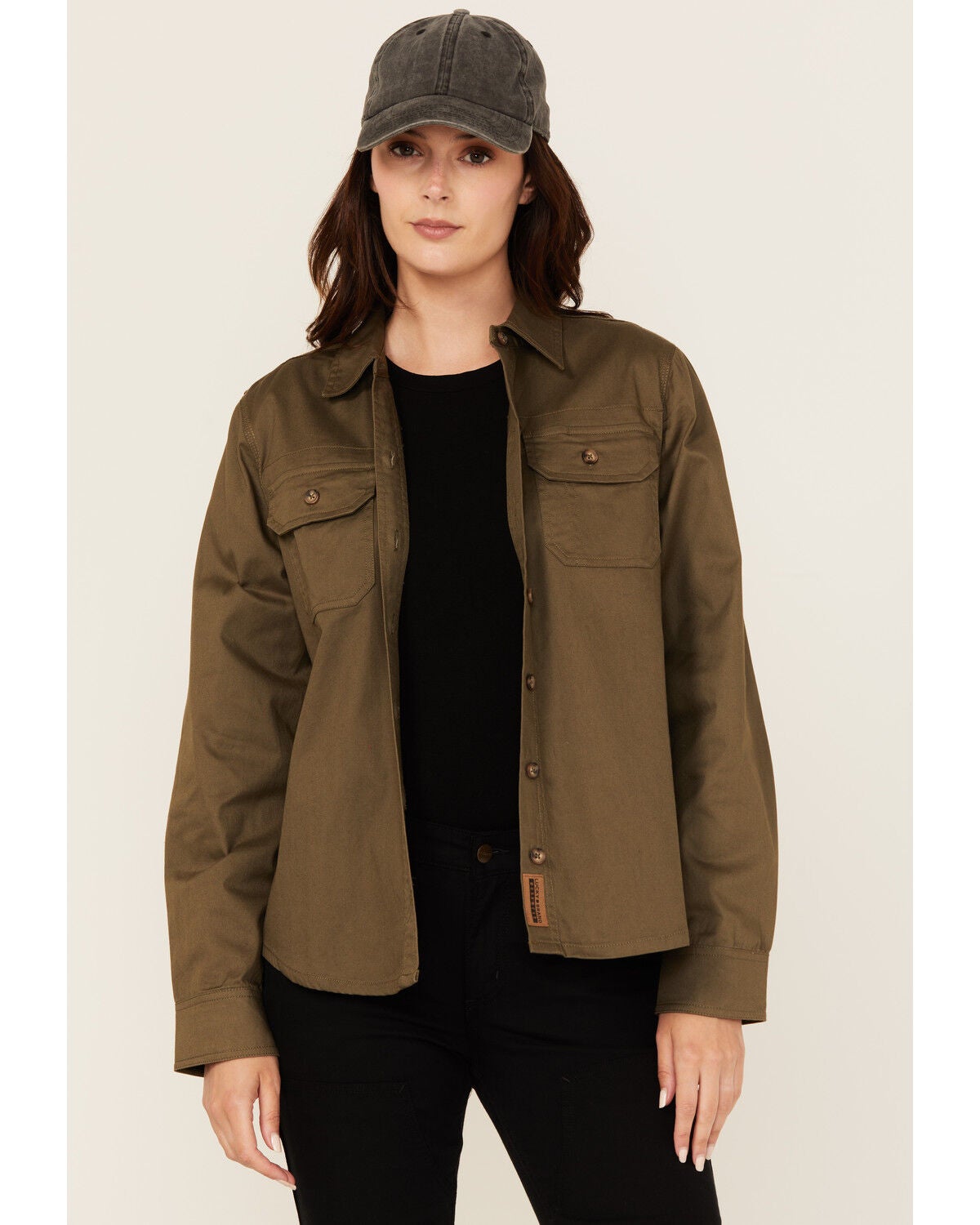 Lucky Brand Workwear Women's Solid Twill Long Sleeve Button-Down Stretch Work Shirt, Olive, hi-res