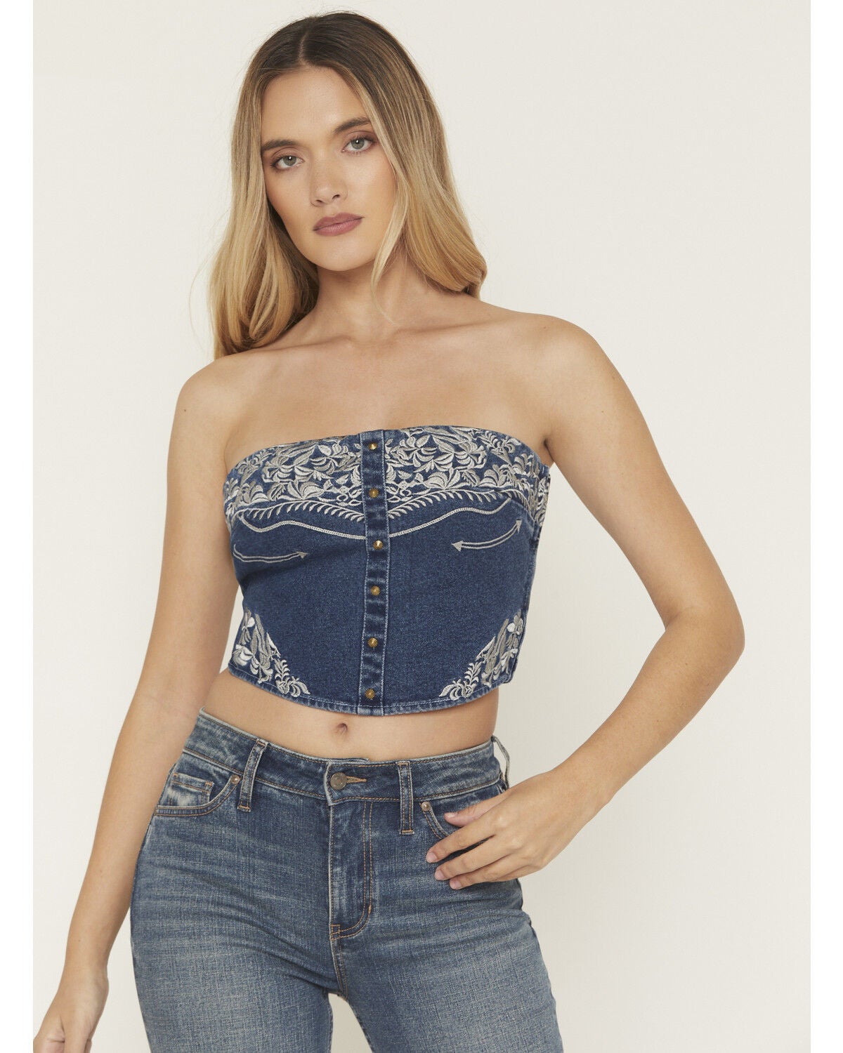 Image #1 - Blue B Women's Boot Barn Exclusive Sleeveless Denim Western Embroidered Bustier Top, Dark Wash, hi-res