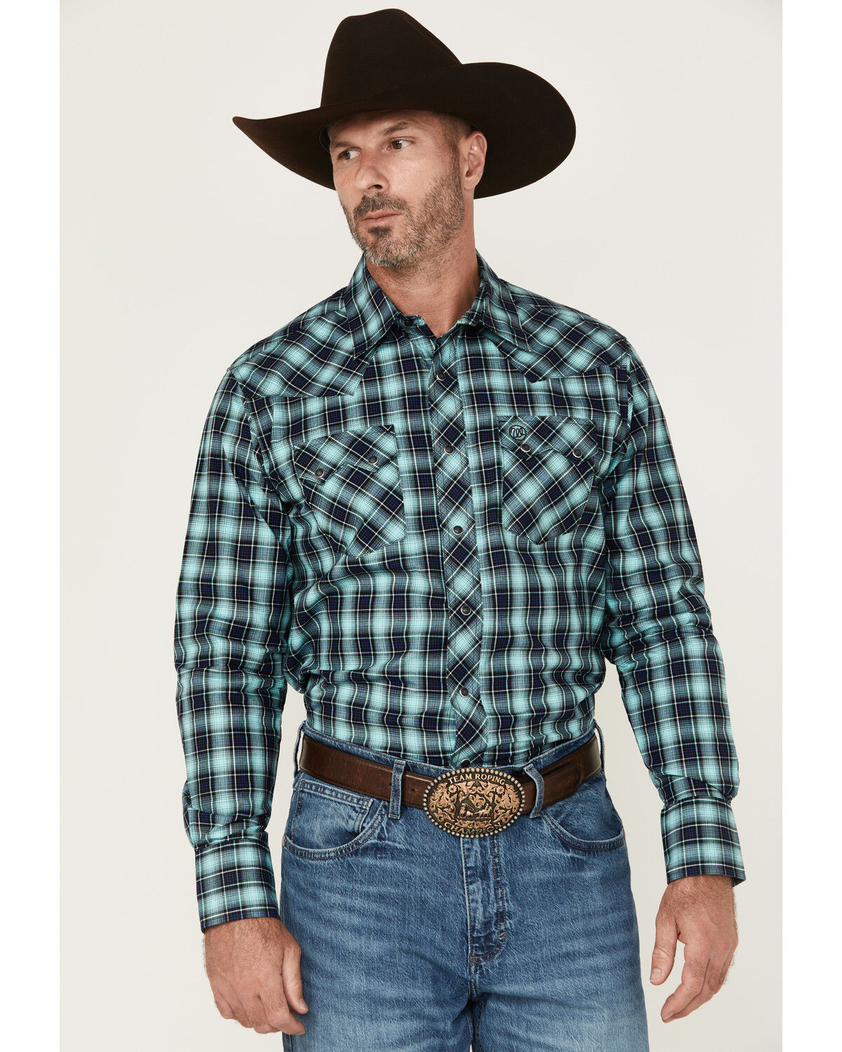 Image #1 - Wrangler Retro Men's Plaid Print Long Sleeve Snap Western Shirt, Turquoise, hi-res