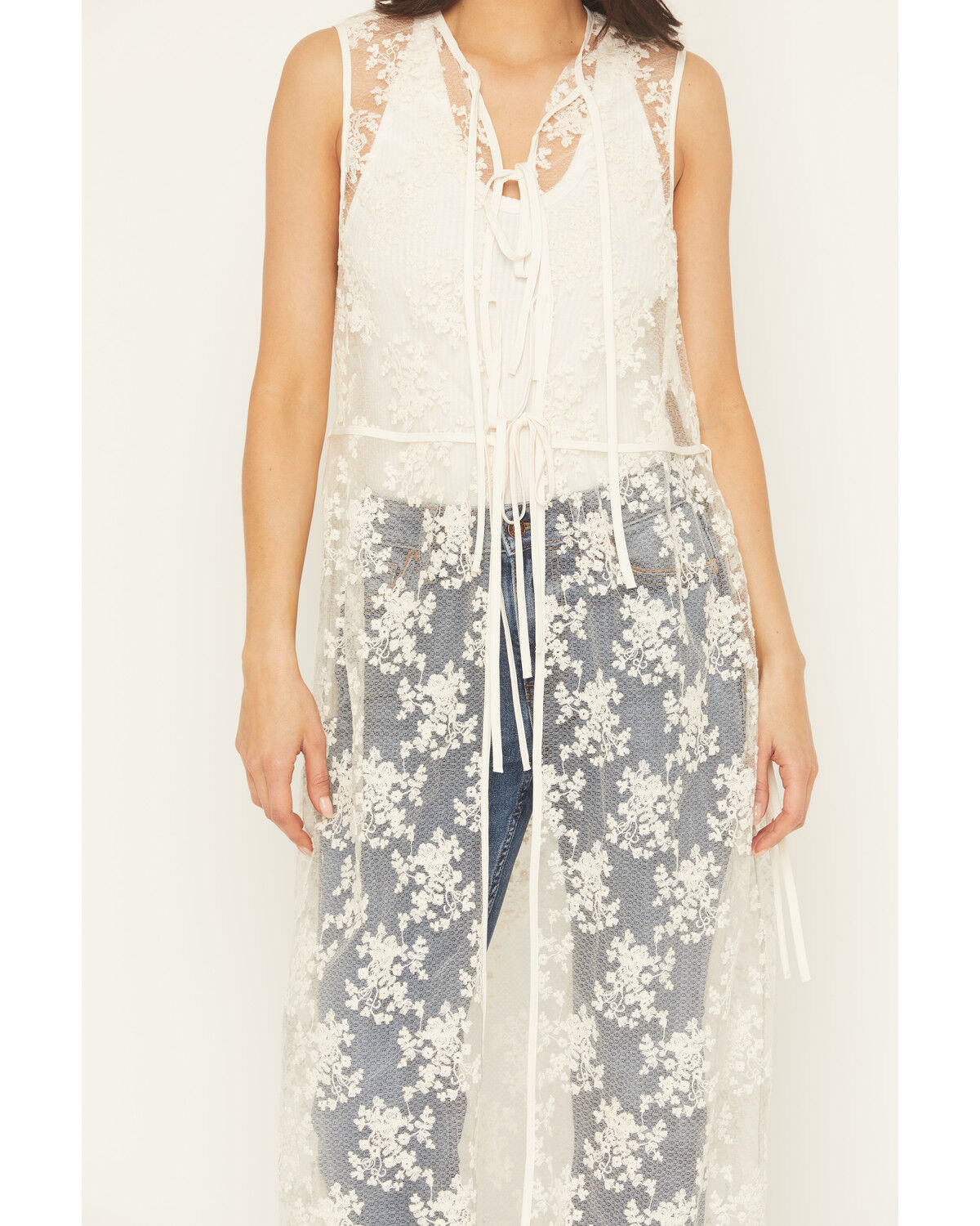 Image #3 - Listicle Women's Sleeveless Floral Lace Tie Front Kimono, Ivory, hi-res