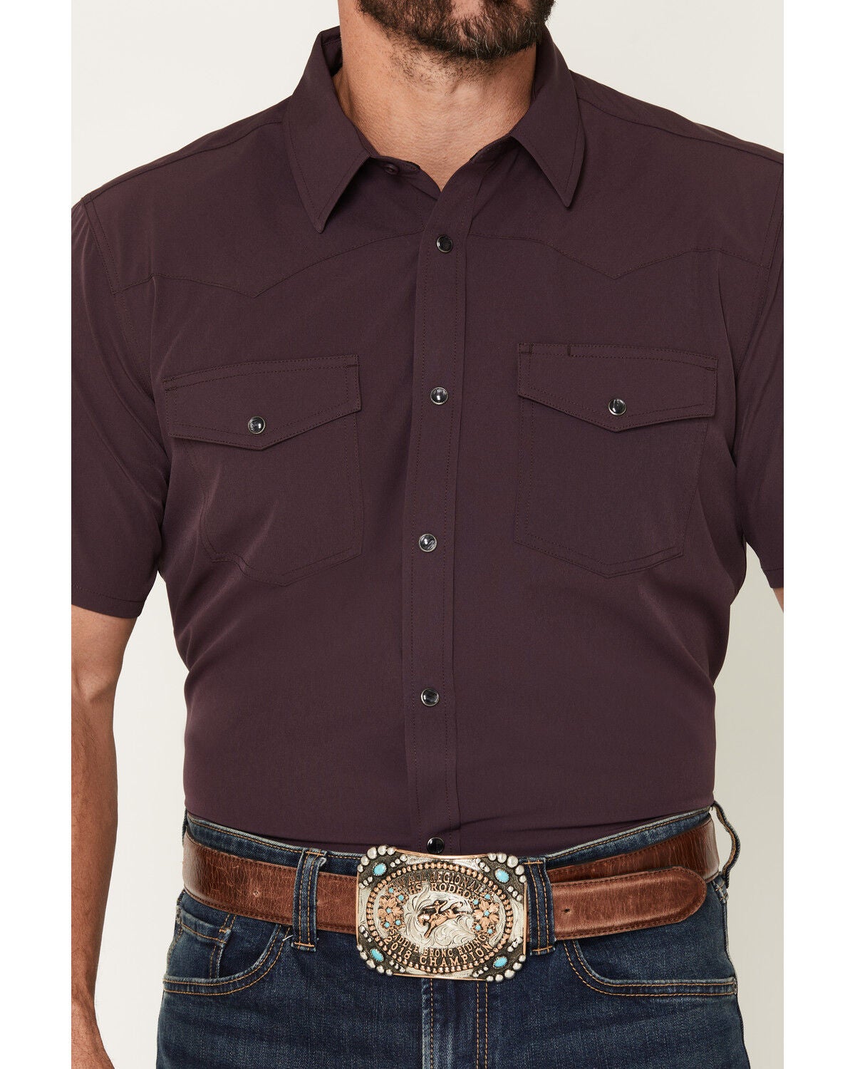 Image #3 - RANK 45&reg; Men's Rudge Solid Rodeo Tech 2.0 Short Sleeve Snap Stretch Performance Shirt, Purple, hi-res