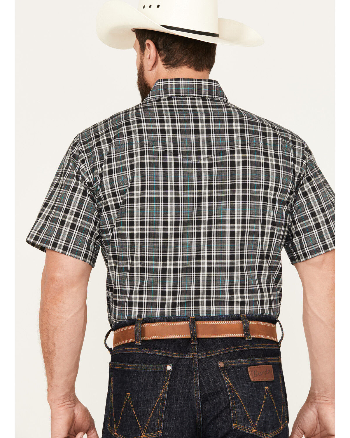 Image #4 - Wrangler Men's Wrinkle Resist Plaid Print Short Sleeve Pearl Snap Western Shirt, Black, hi-res
