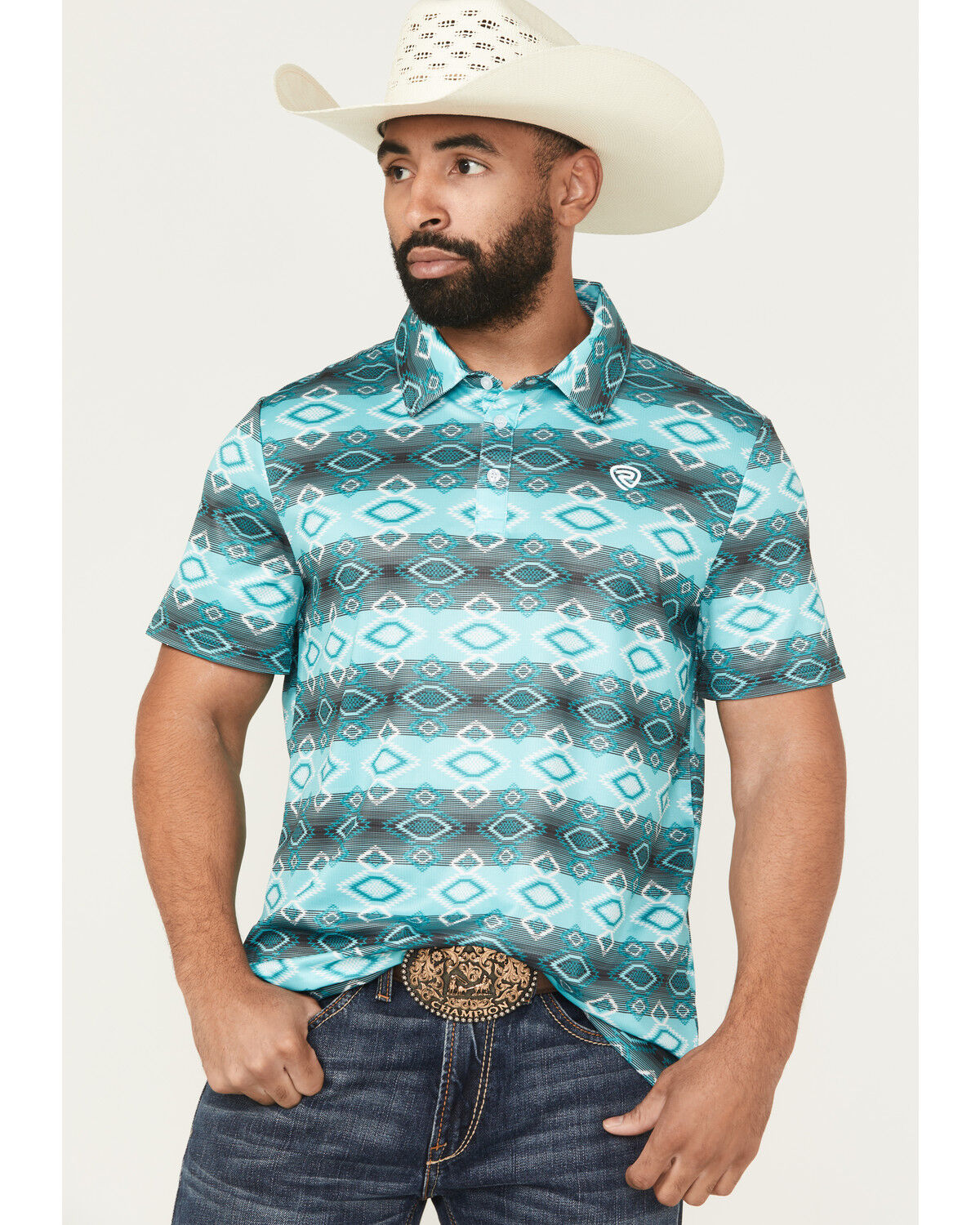 Image #1 - Rock & Roll Denim Men's Southwestern Print Short Sleeve Button-Down Stretch Polo Shirt, Turquoise, hi-res