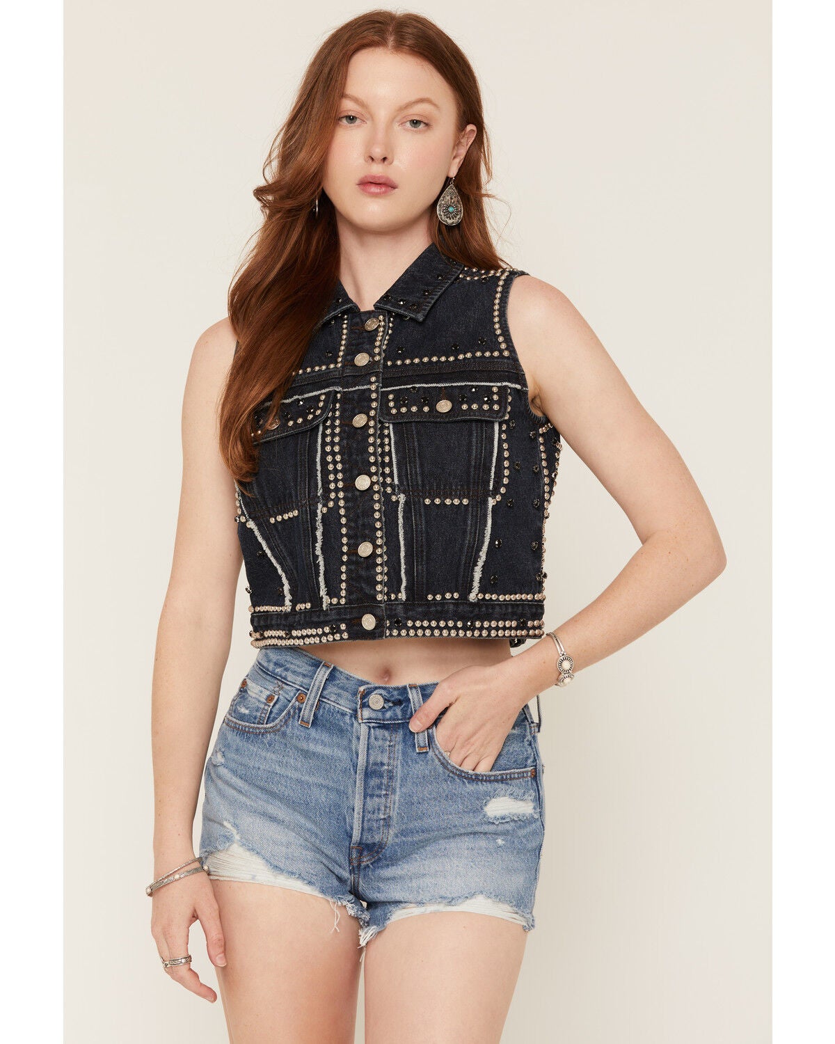 Azalea Wang Women's Zena Studded Denim Trucker Vest, Dark Wash, hi-res