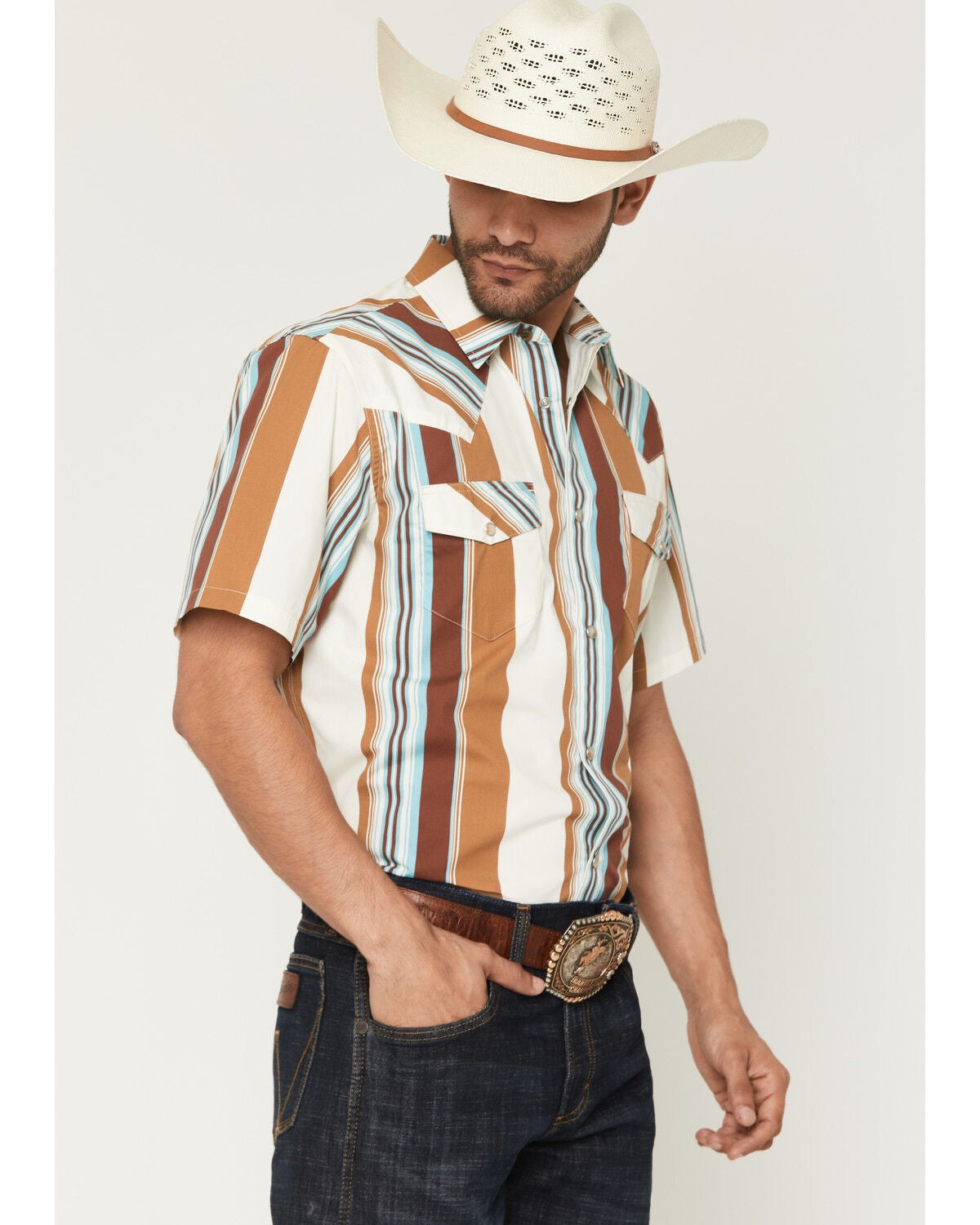 Image #1 - Gibson Trading Co Men's Retro Stripes Short Sleeve Snap Western Shirt, Rust Copper, hi-res