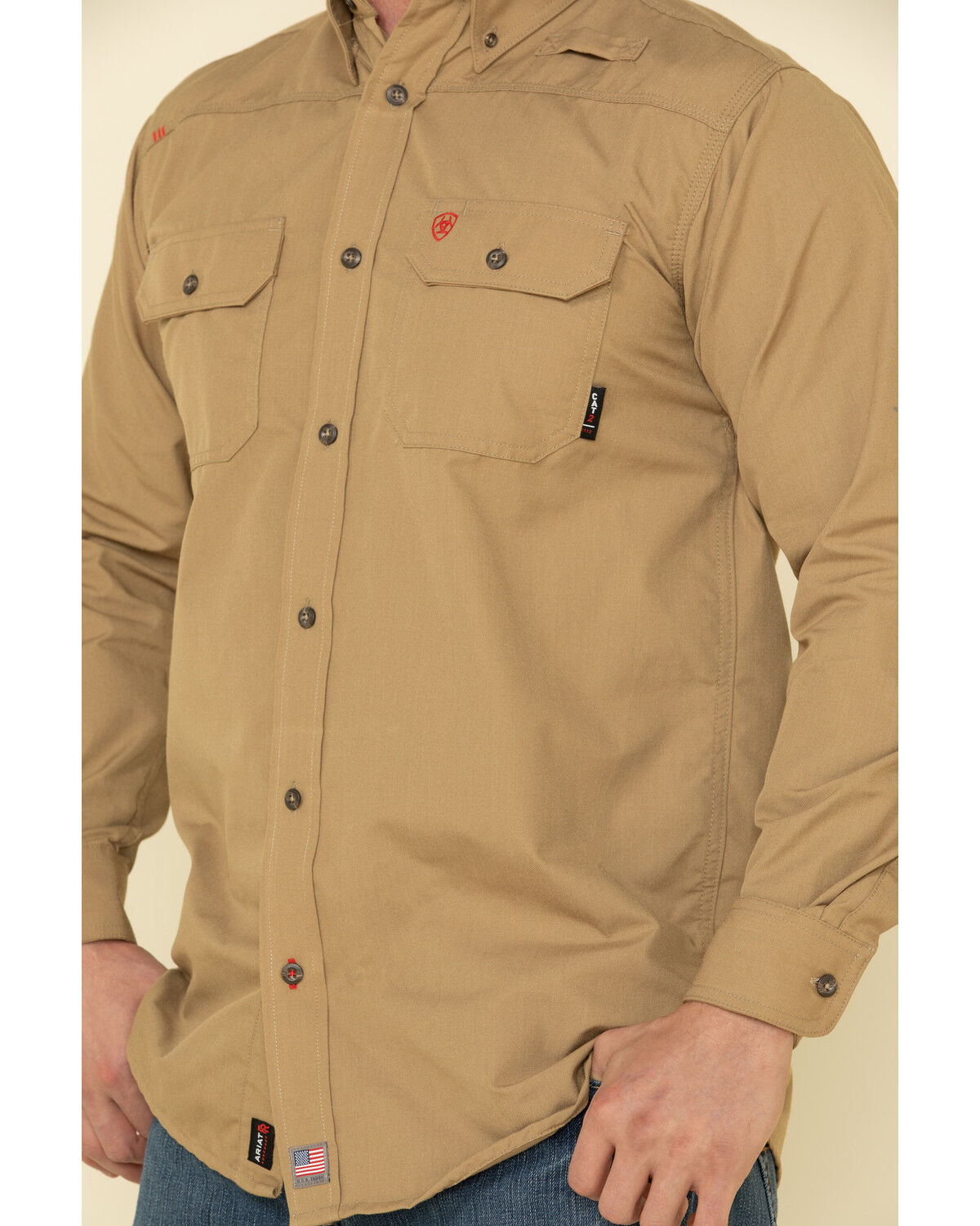 Image #4 - Ariat Men's Khaki FR Solid Featherlight Long Sleeve Work Shirt, Beige/khaki, hi-res