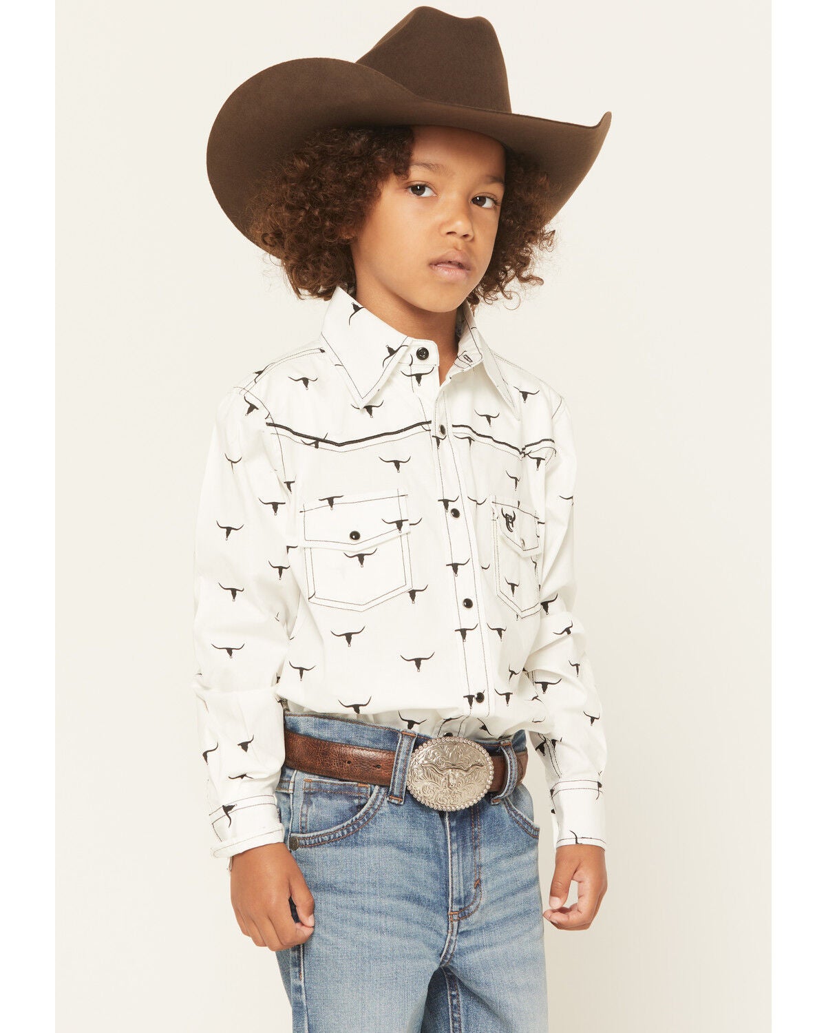 Cowboy Hardware Boys' Skull Scatter Long Sleeve Snap Stretch Western Shirt, White, hi-res