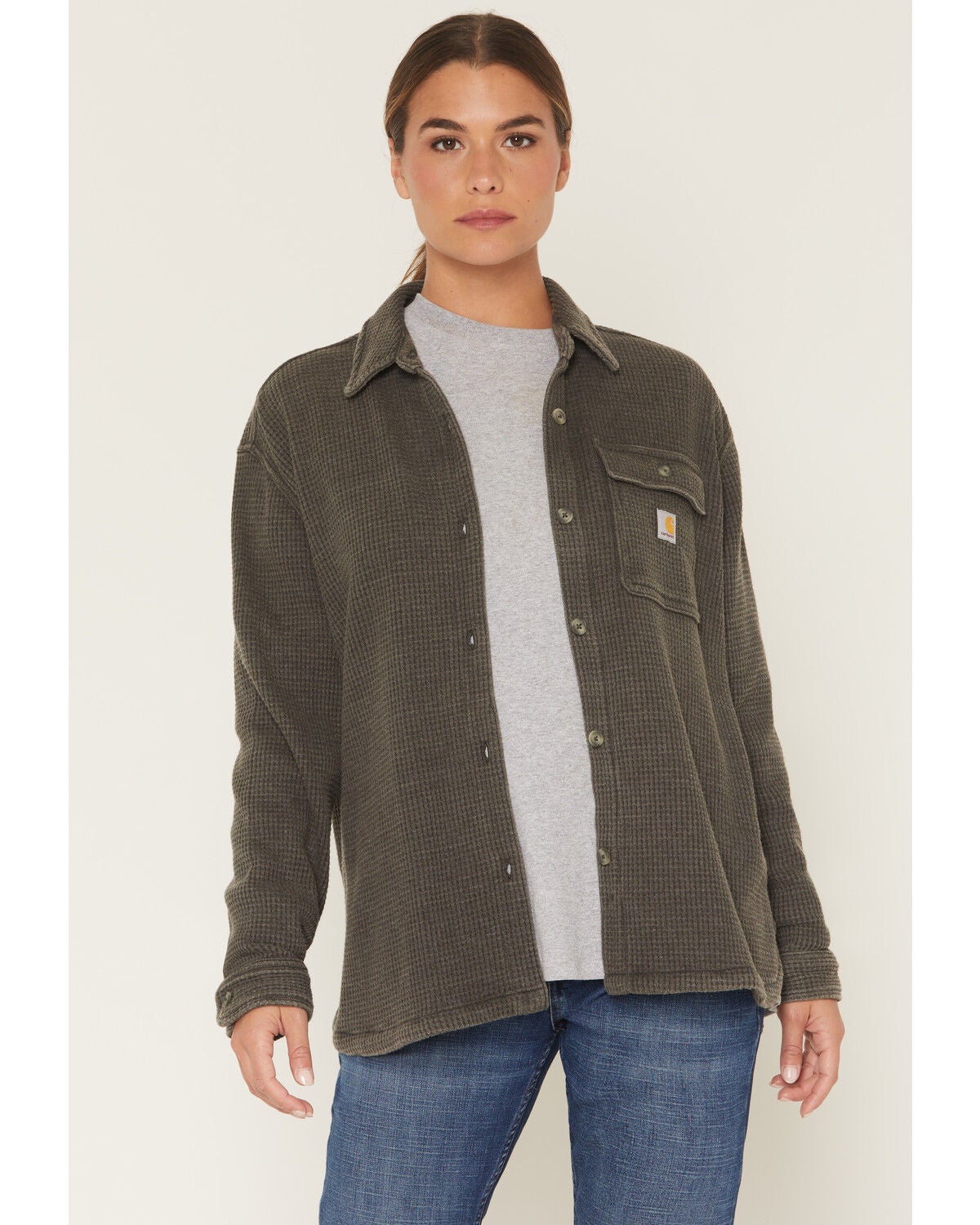 Image #1 - Carhartt Women's Oversized Fit Heavyweight Waffle Knit Work Shirt, Charcoal, hi-res