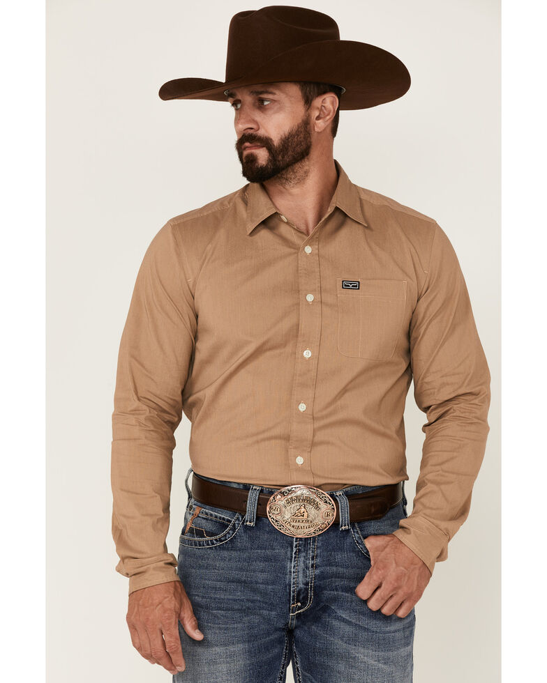 Kimes Ranch Men's Solid Tan Linville Tech Long Sleeve Button-Down Western Shirt , Tan, hi-res