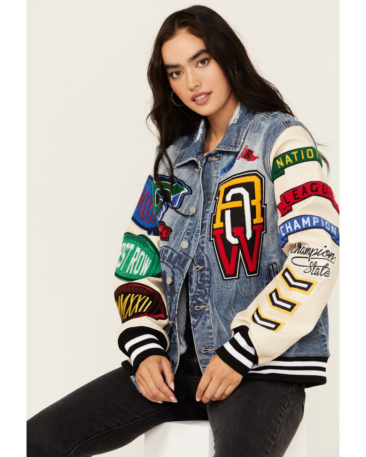 Image #1 - First Row Women's Light Wash Denim Varsity Jacket, Light Wash, hi-res