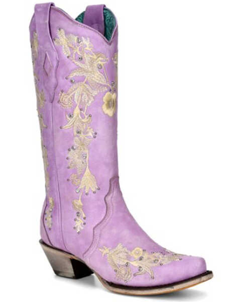 Corral Women's Embroidered Floral & Crystal Studded Tall Western Boots - Snip Toe, Light Purple, hi-res
