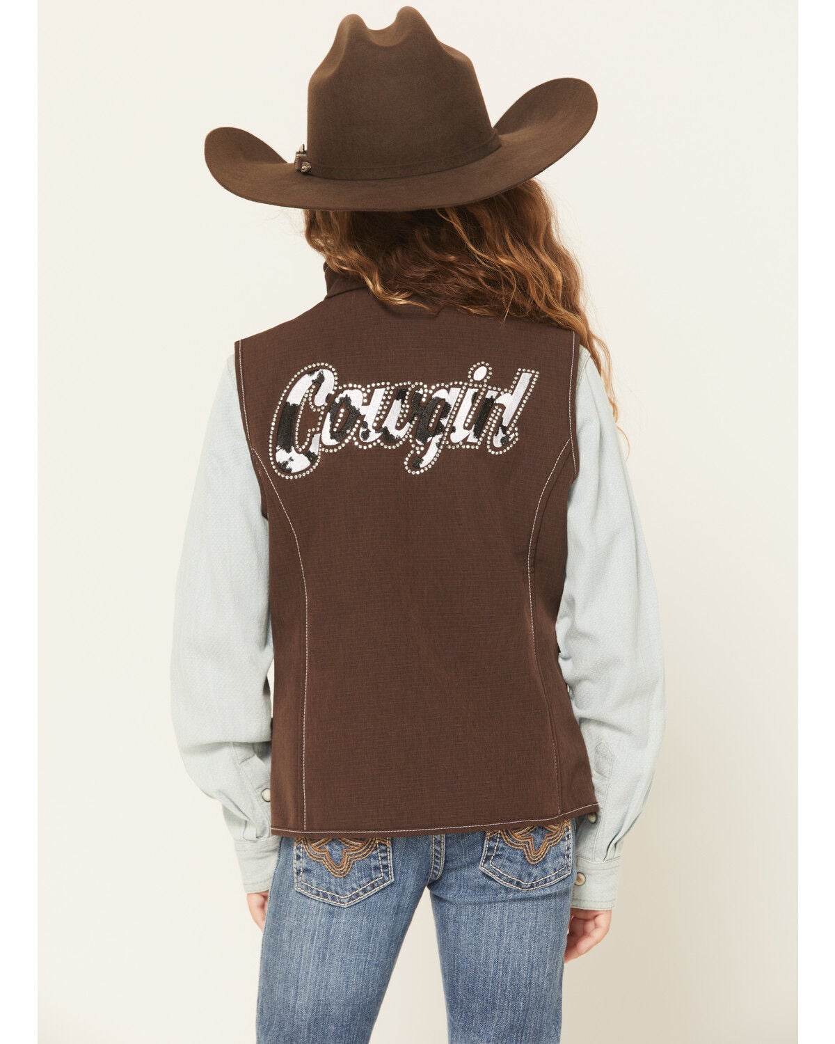 Image #4 - Cowgirl Hardware Girls' Cowgirl Cowhide Print Softshell Vest, Brown, hi-res