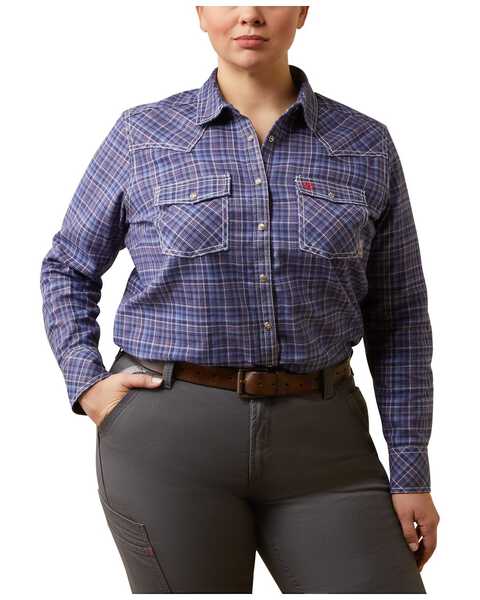 Image #1 - Ariat Women's Tillie FR Long Sleeve Plaid Print Snap Work Shirt - Plus , Blue, hi-res