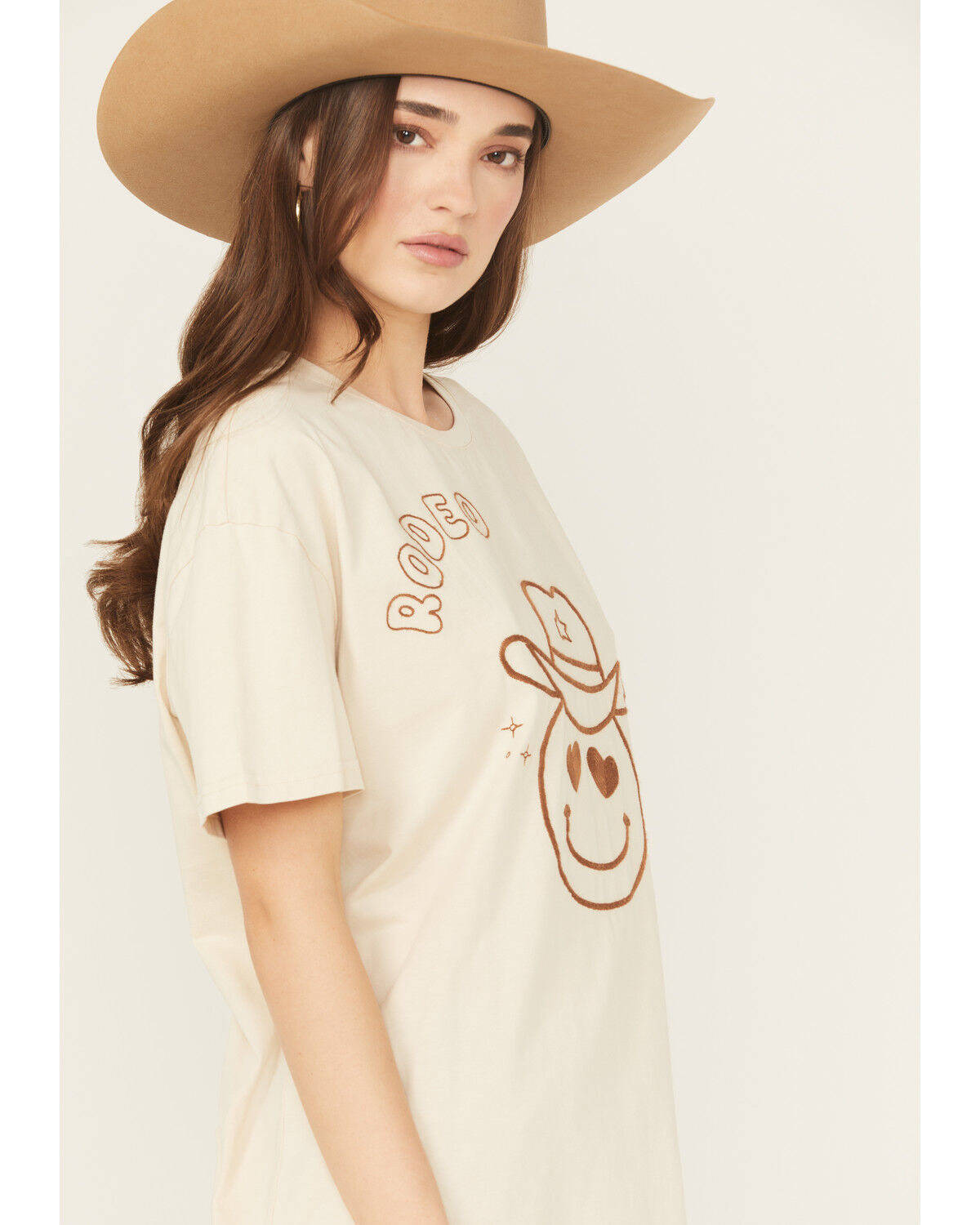 Image #2 - Blue B Women's Embroidered Smiley Rodeo Short Sleeve Graphic Tee, Brown, hi-res