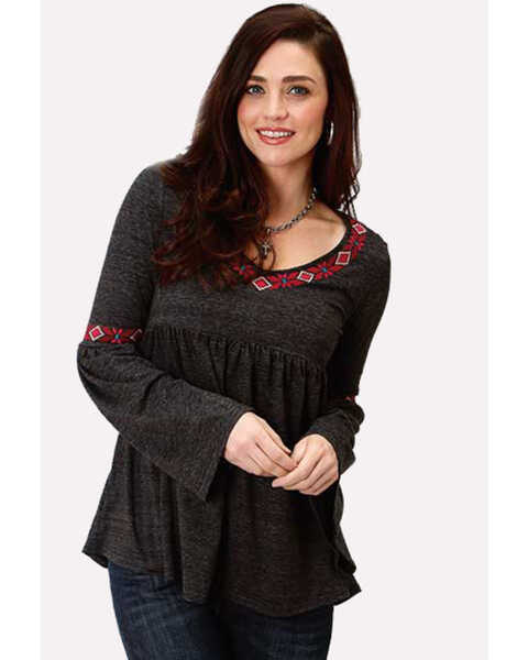Image #1 - Studio West Women's Bell Sleeve Embroidered Top, Black, hi-res