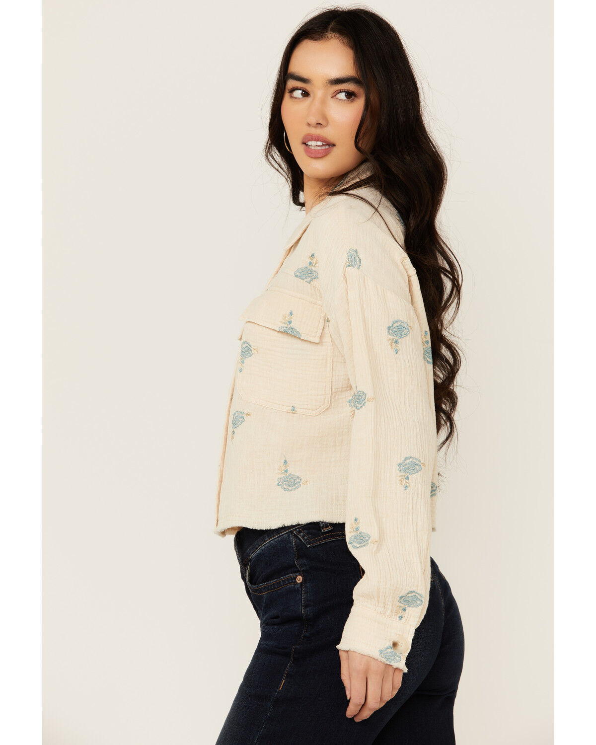 Image #2 - Mystree Women's Floral Embroidered Long Sleeve Button-Down Shirt, Cream, hi-res