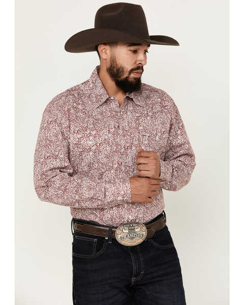 Roper Men's Amarillo Paisley Print Long Sleeve Pearl Snap Stretch Western Shirt , Red, hi-res