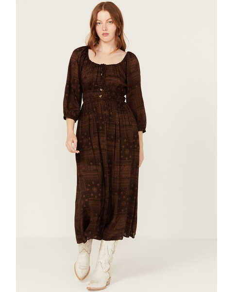 Stetson Women's Bandana Print Long Sleeve Midi Dress , Dark Brown, hi-res