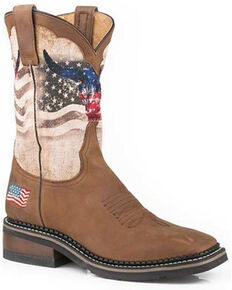 Roper Men's Patriot Skull Western Boots - Wide Square Toe, Brown, hi-res