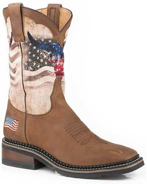 Roper Men's Patriot Skull Western Boots - Broad Square Toe, Brown, hi-res