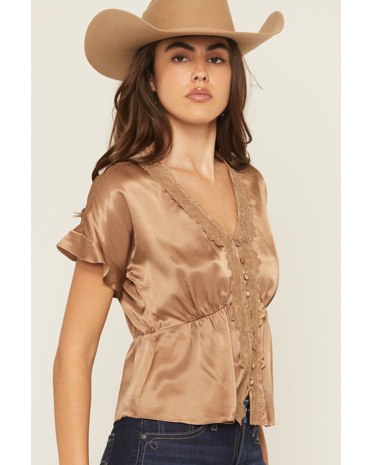 Image #2 - Shyanne Women's Satin Lace Trim Short Sleeve Button-Down Shirt, Coffee, hi-res