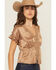 Image #2 - Shyanne Women's Satin Lace Trim Short Sleeve Button-Down Shirt, Coffee, hi-res