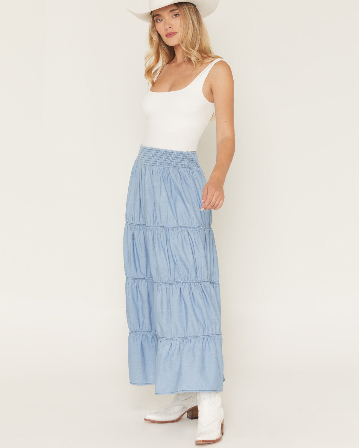 Ashley Women's Medium Washed Tiered Denim Midi Skirt, Medium Wash, hi-res