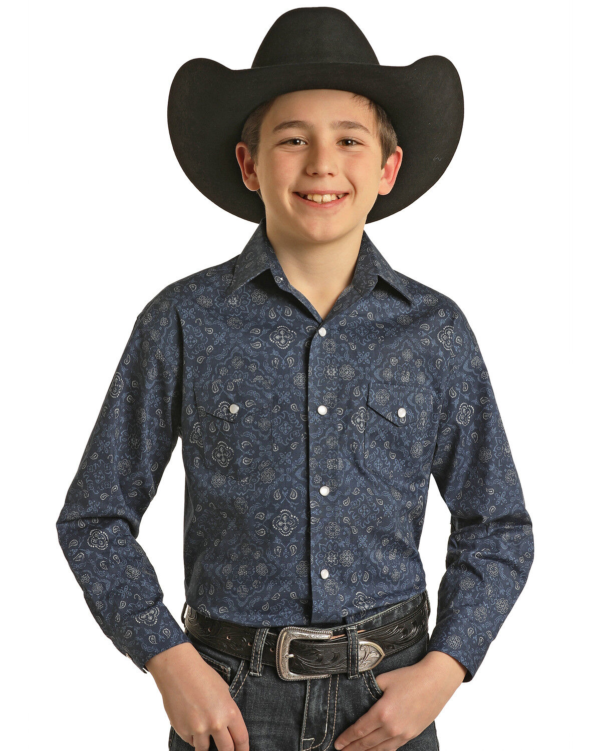 Image #1 - Panhandle Boys' Bandana Print Long Sleeve Snap Western Shirt, Navy, hi-res